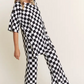 Ribbed Checkered Print Top/Straight Leg Pants Set