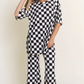 Ribbed Checkered Print Top/Straight Leg Pants Set