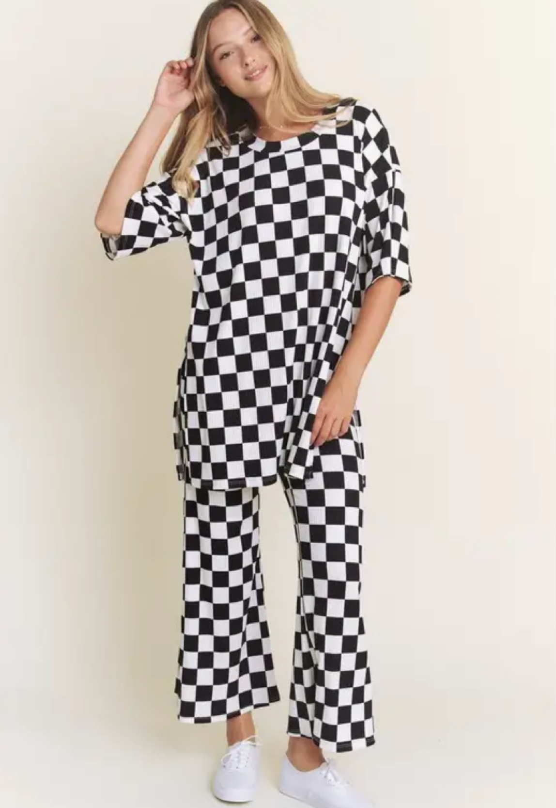 Ribbed Checkered Print Top/Straight Leg Pants Set