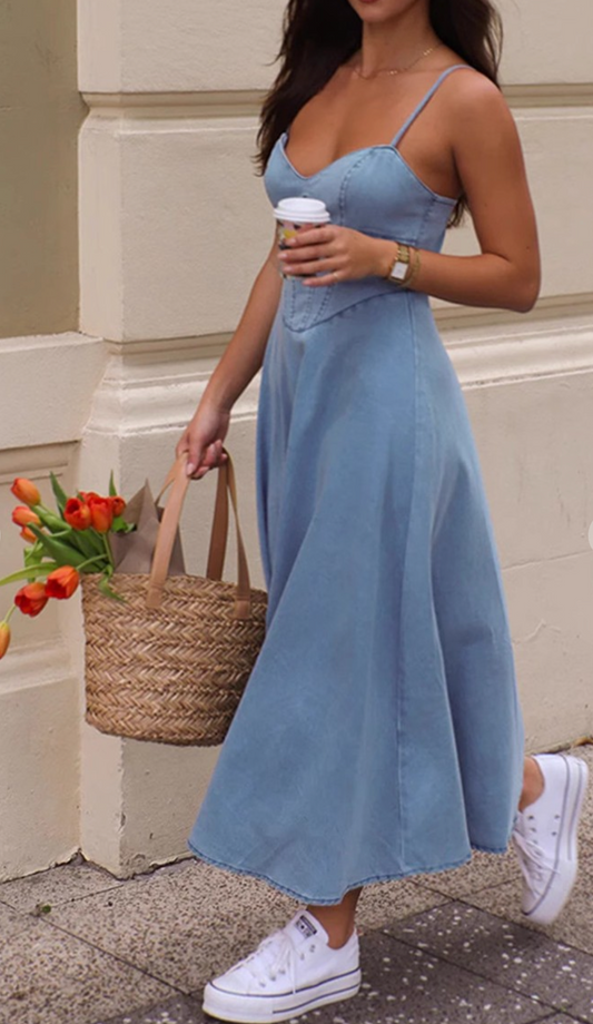 V-neck denim maxi