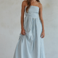 Dusty Blue Striped Tube Neck Strapless Flare Maxi Dress