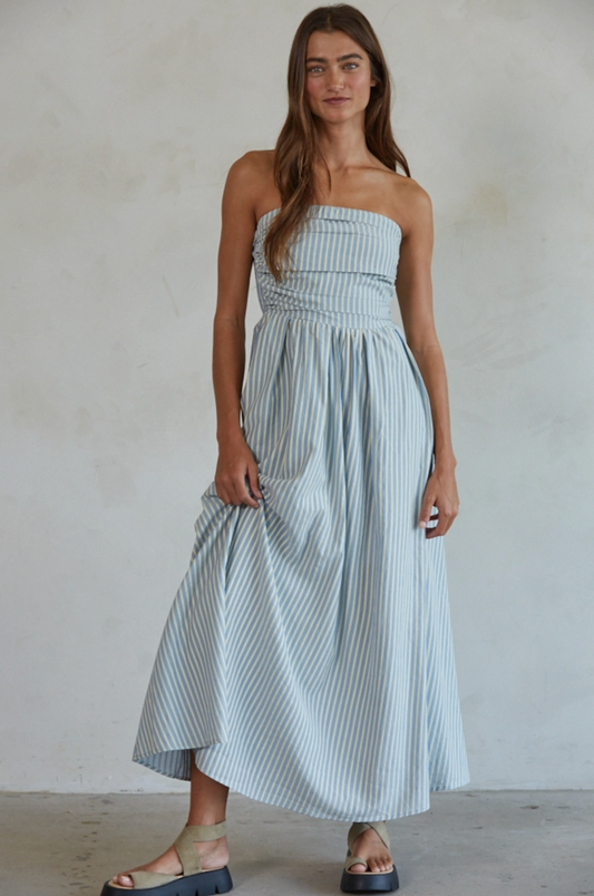 Dusty Blue Striped Tube Neck Strapless Flare Maxi Dress