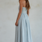 Dusty Blue Striped Tube Neck Strapless Flare Maxi Dress