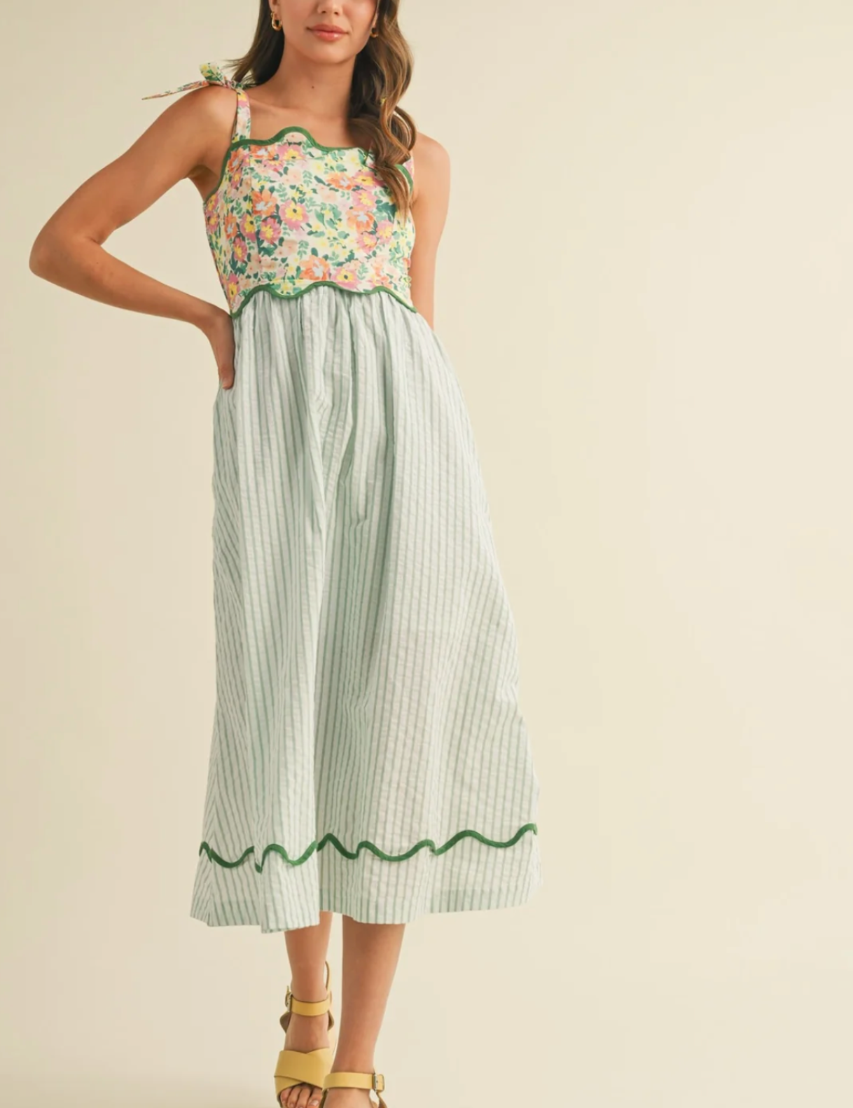 Scalloped Mixed Print Midi Dress