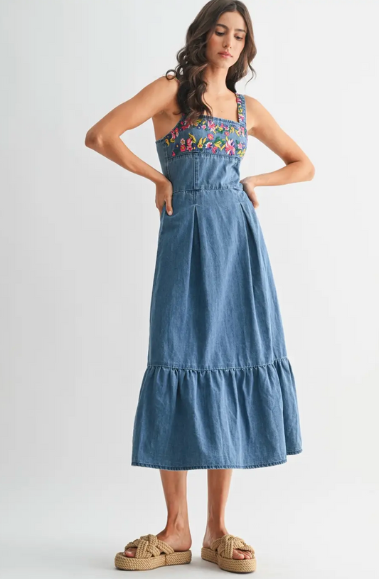 Floral Embroidered Denim Sundress
