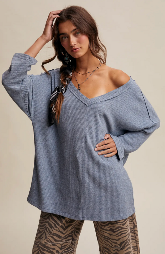 V-Neck Ribbed Knit Tunic Top