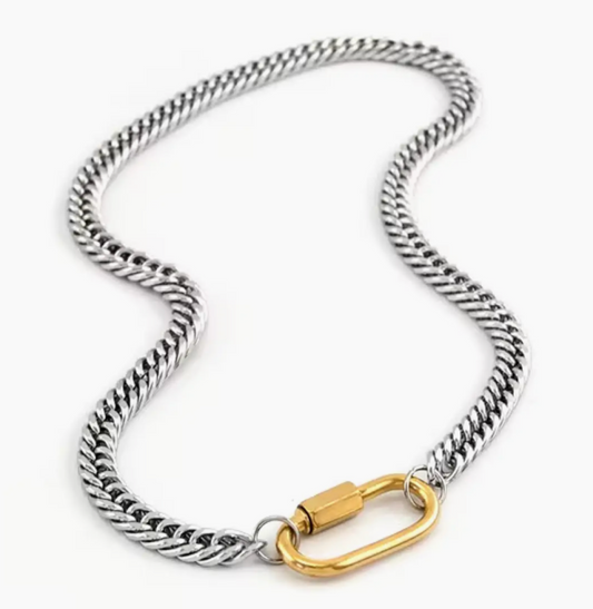 Carabiner  Stainless Steel Necklace Two Tone-Opens