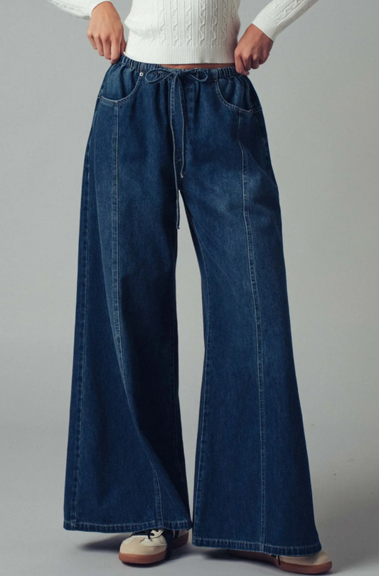 Relaxed Wide Leg Drawstring Western Pants