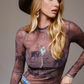 Cowgirl Print Mesh Mock Neck Top