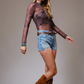 Cowgirl Print Mesh Mock Neck Top