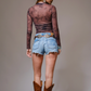 Cowgirl Print Mesh Mock Neck Top