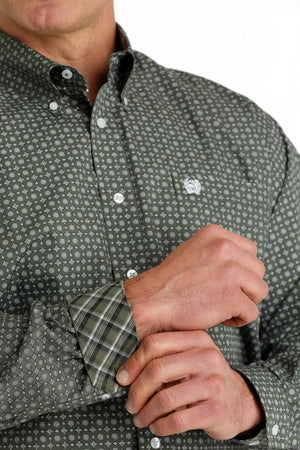 Cinch Mens Geometric Print Button Down Shirt - Olive MTW1105661