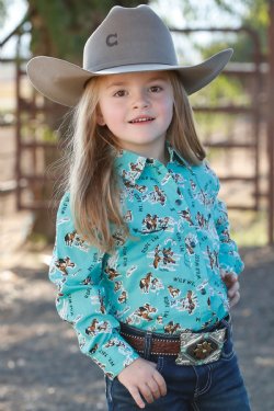 GIRL'S  COWGIRL PRINT BUTTON-DOWN WESTERN - TURQUOISE CTW3370017