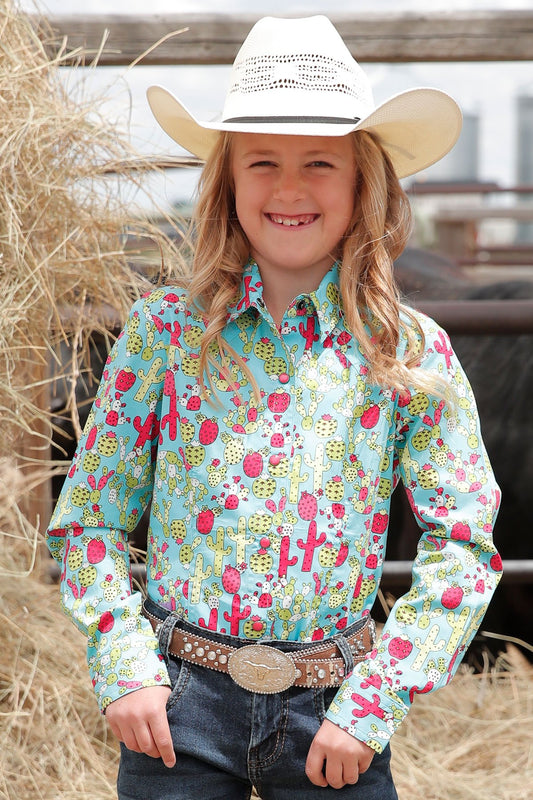 GIRL'S CACTUS PRINT BUTTON-DOWN WESTERN - TURQUOISE