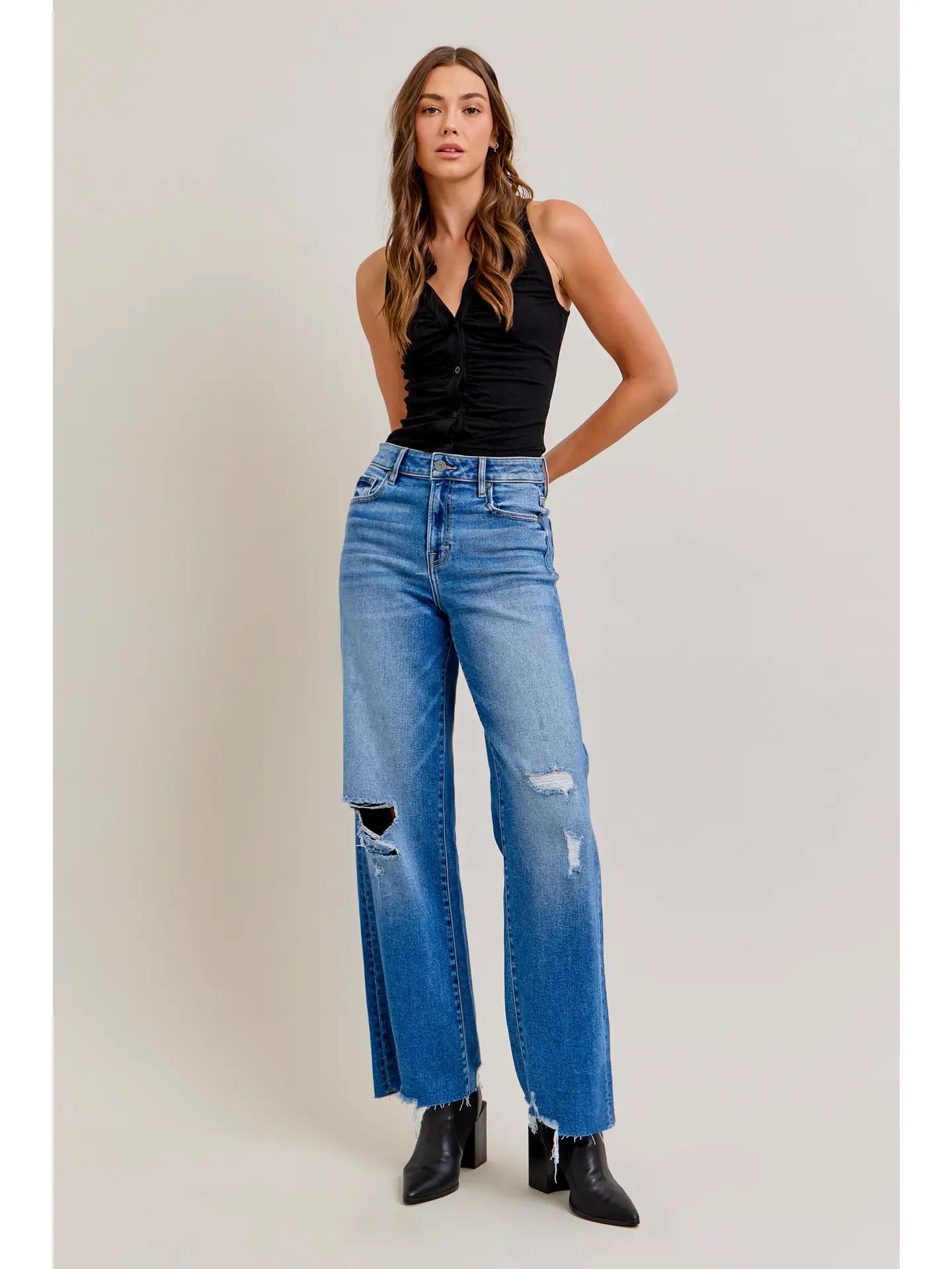 Logan Medium Dark Distressed Stretch Dad Jean