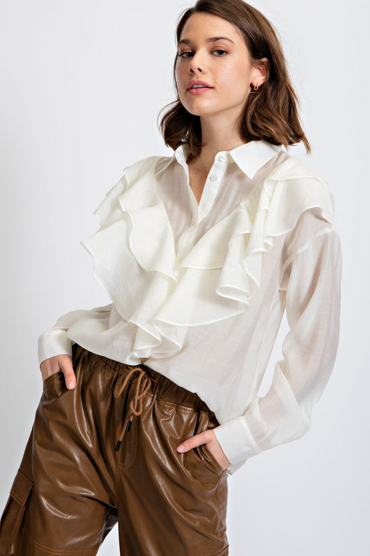 Ava (Ivory Frill Silky Button Sown Top)