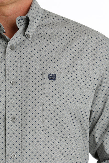 Cinch Geometric Print Button Down Western Shirt - Gray/Navy