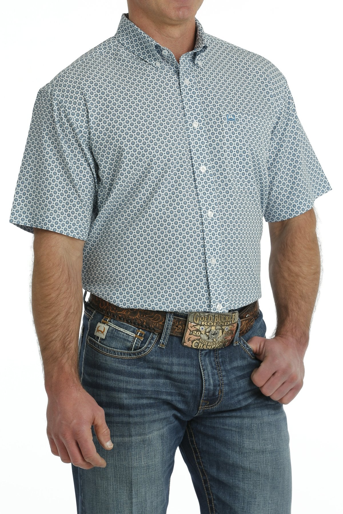 Men's Cinch Geometric Print Short Sleeve ArenaFlex Button-Down Shirt - White / Blue MTW1704134
