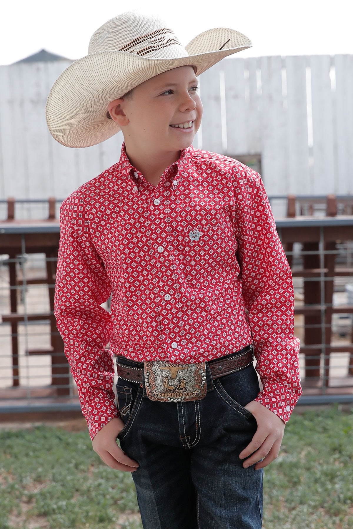 BOY'S MATCH DAD GEOMETRIC PRINT BUTTON-DOWN WESTERN SHIRT - RED