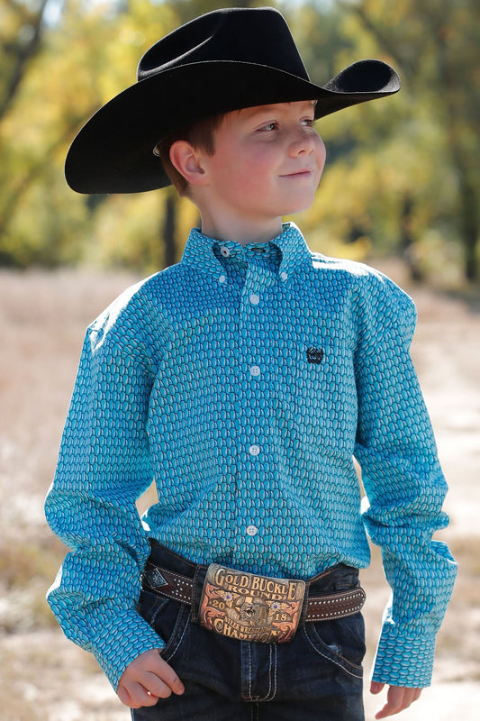Cinch Boy's Geometric Print Button-Down Western Shirt - Turquoise MTW7060326