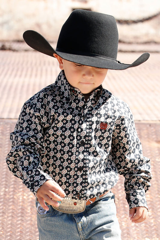 Cinch Toddler Match Dad Medallion Print Button-Down Western Shirt - Black/Khaki MTW7061321
