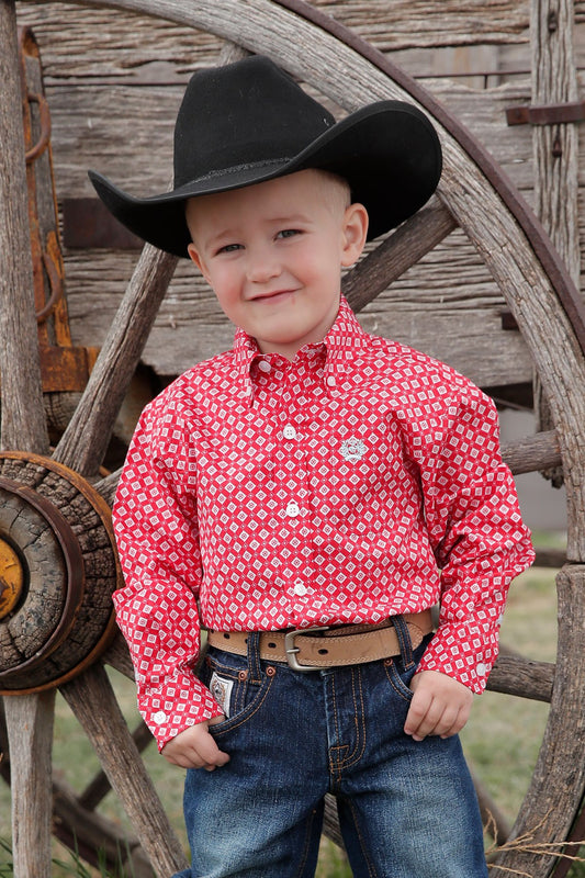 INFANT MATCH DAD GEOMETRIC PRINT BUTTON-DOWN WESTERN SHIRT - RED