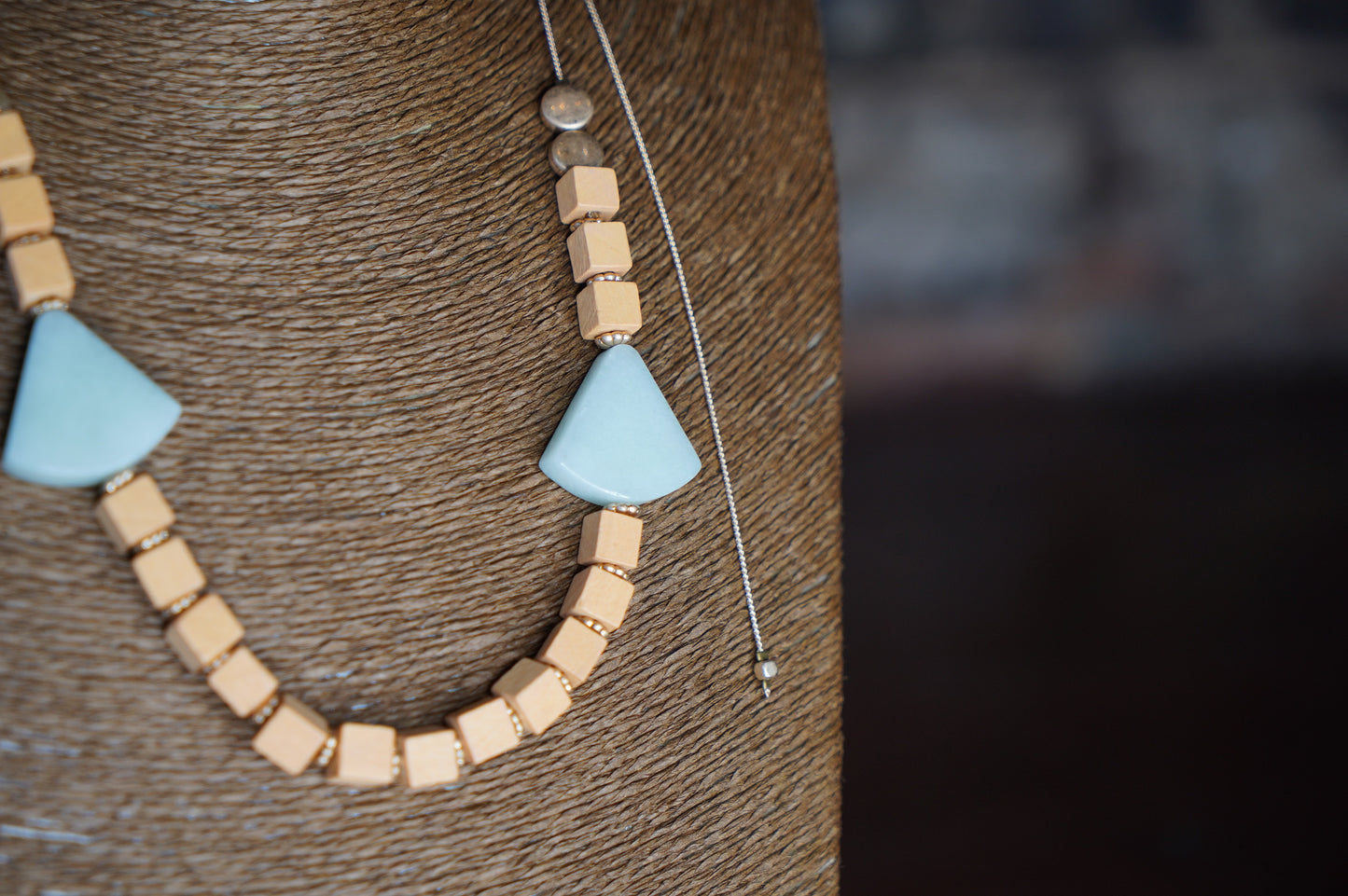 Stone & Cube Wood Bead Necklace