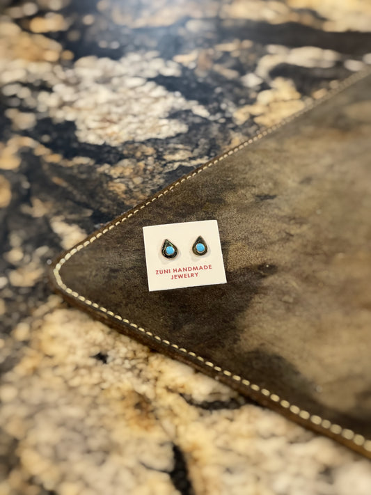 Oxodized Sterling Silver Turquoise Tear Drop Bead Design Zuni Earrings