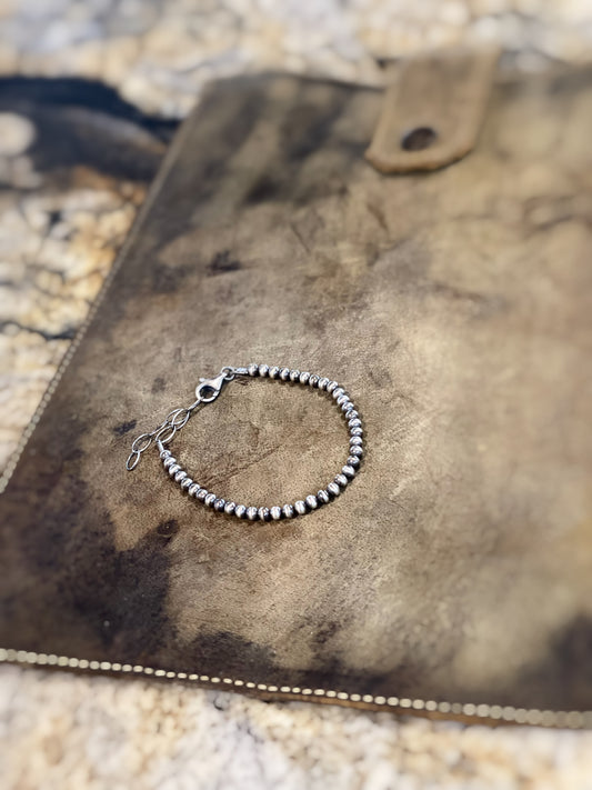 Sterling Silver Navajo Pearl Oxidize Bead Bracelet 4 mm w/ Extender Chain