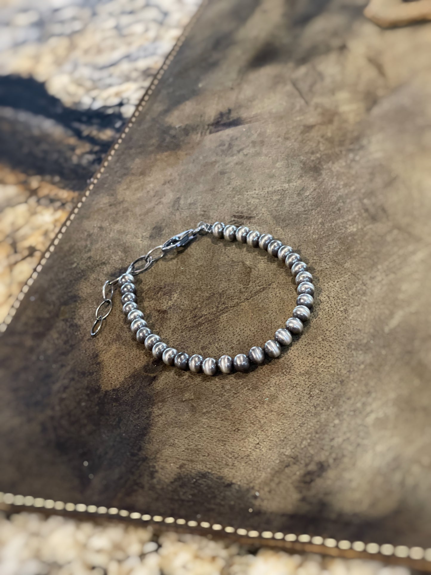 Sterling Silver Navajo Pearl Oxidize Bead Bracelet w/ Extender Chain