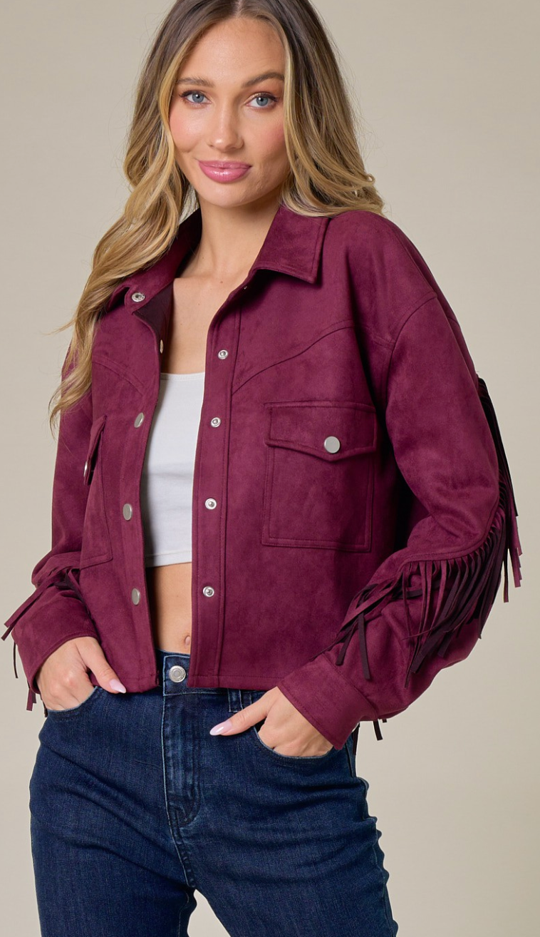 MERLOT BUTTON DOWN SUEDE FRINGE JACKET