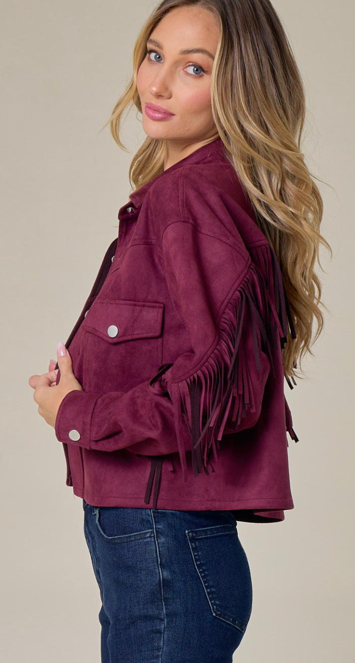 MERLOT BUTTON DOWN SUEDE FRINGE JACKET