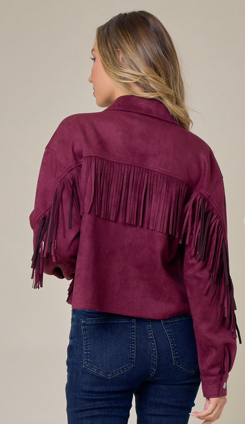 MERLOT BUTTON DOWN SUEDE FRINGE JACKET