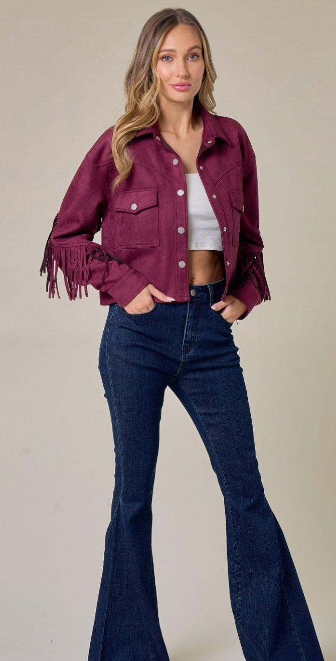 MERLOT BUTTON DOWN SUEDE FRINGE JACKET