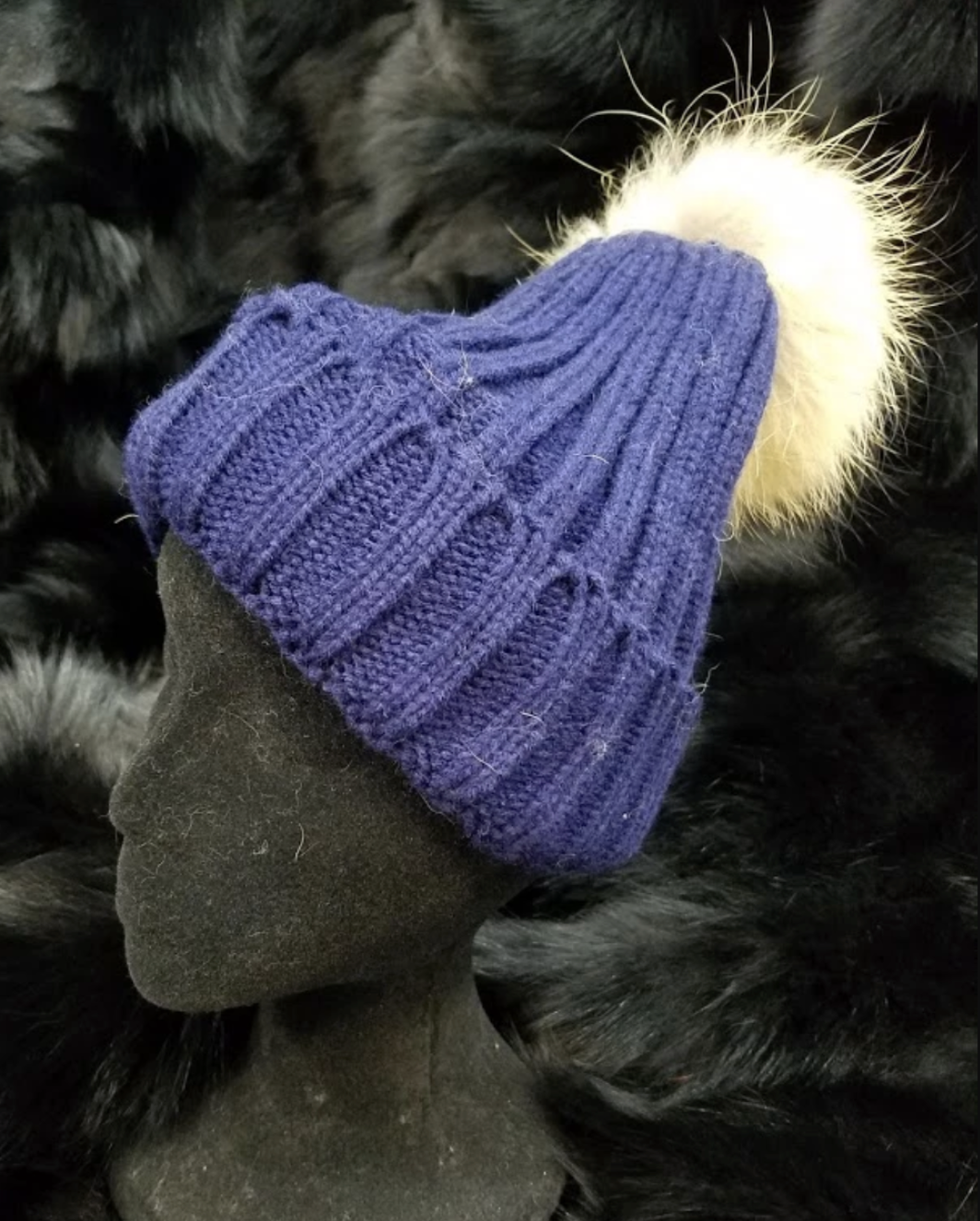 Knit Beanie W/ Fox Fur Detachable Pom