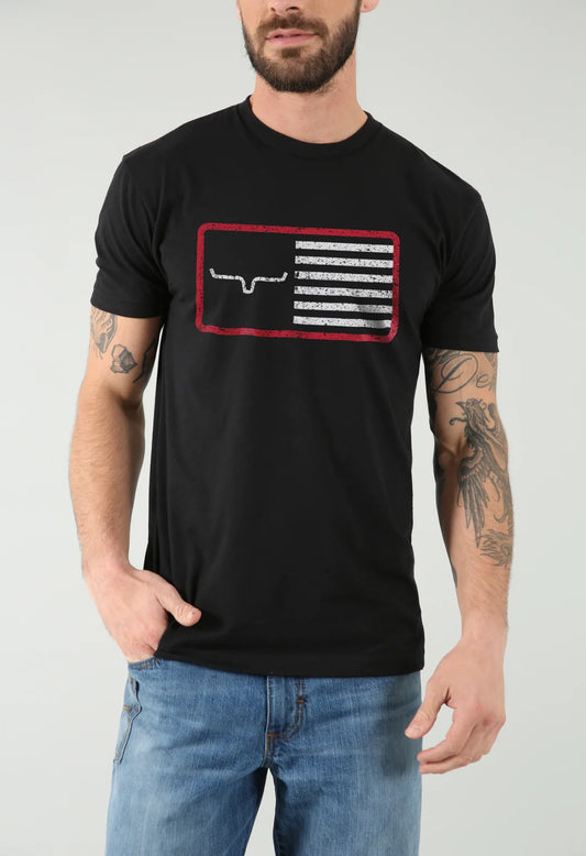 Kimes Ranch American Flag Logo Trucker Graphic T-Shirt - Black