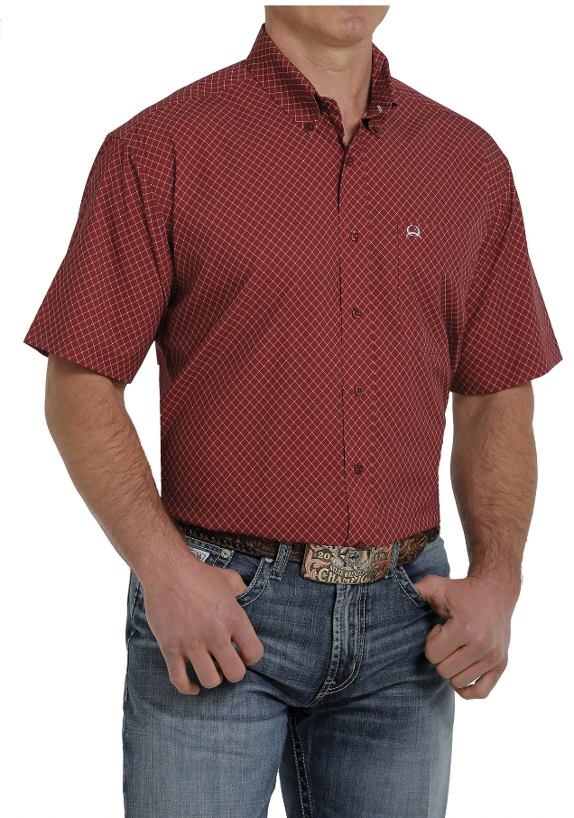 Cinch Mens ArenaFlex Short Sleeve Button-Down Shirt - Burgundy MTW1704095