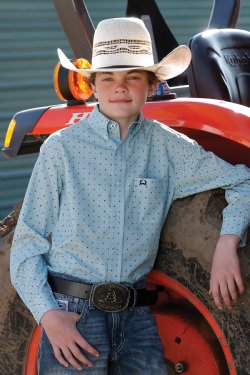 BOYS MATCH DAD ARENAFLEX PRINTBUTTON DOWNWESTERN SHIRT- LIGHT BLUE