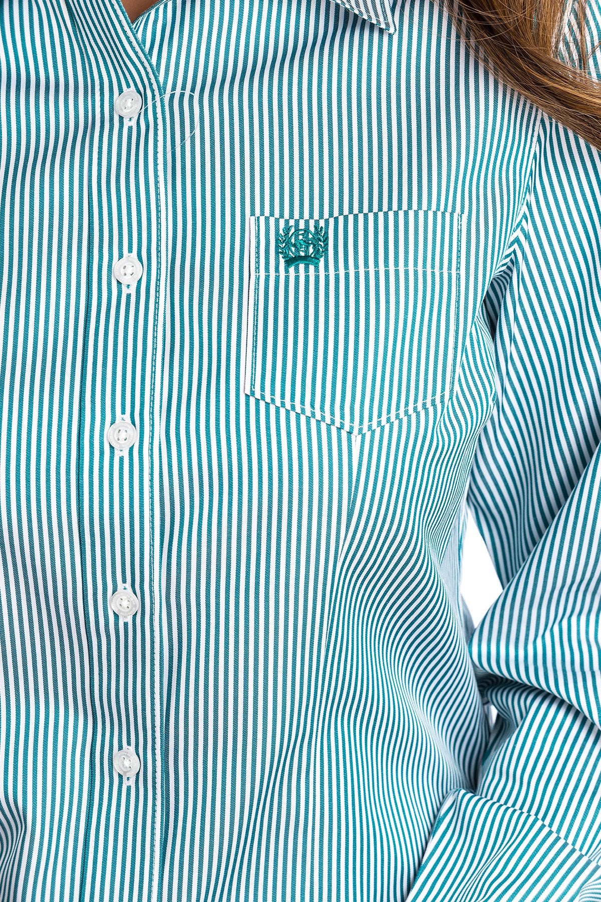 WOMEN'S TENCEL™ TEAL AND WHITE STRIPE BUTTON-UP SHIRT