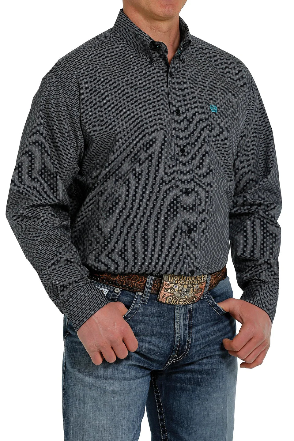 MEN'S CINCH GEOMETRIC PRINT BUTTON DOWN LONG SLEEVE SHIRT - NAVY