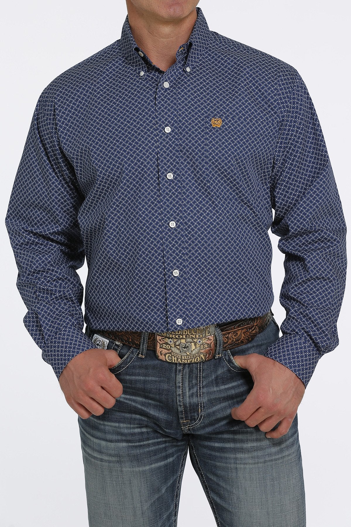 MEN'S GEOMETRIC PRINT BUTTON-DOWN WESTERN SHIRT - ROYAL BLUE