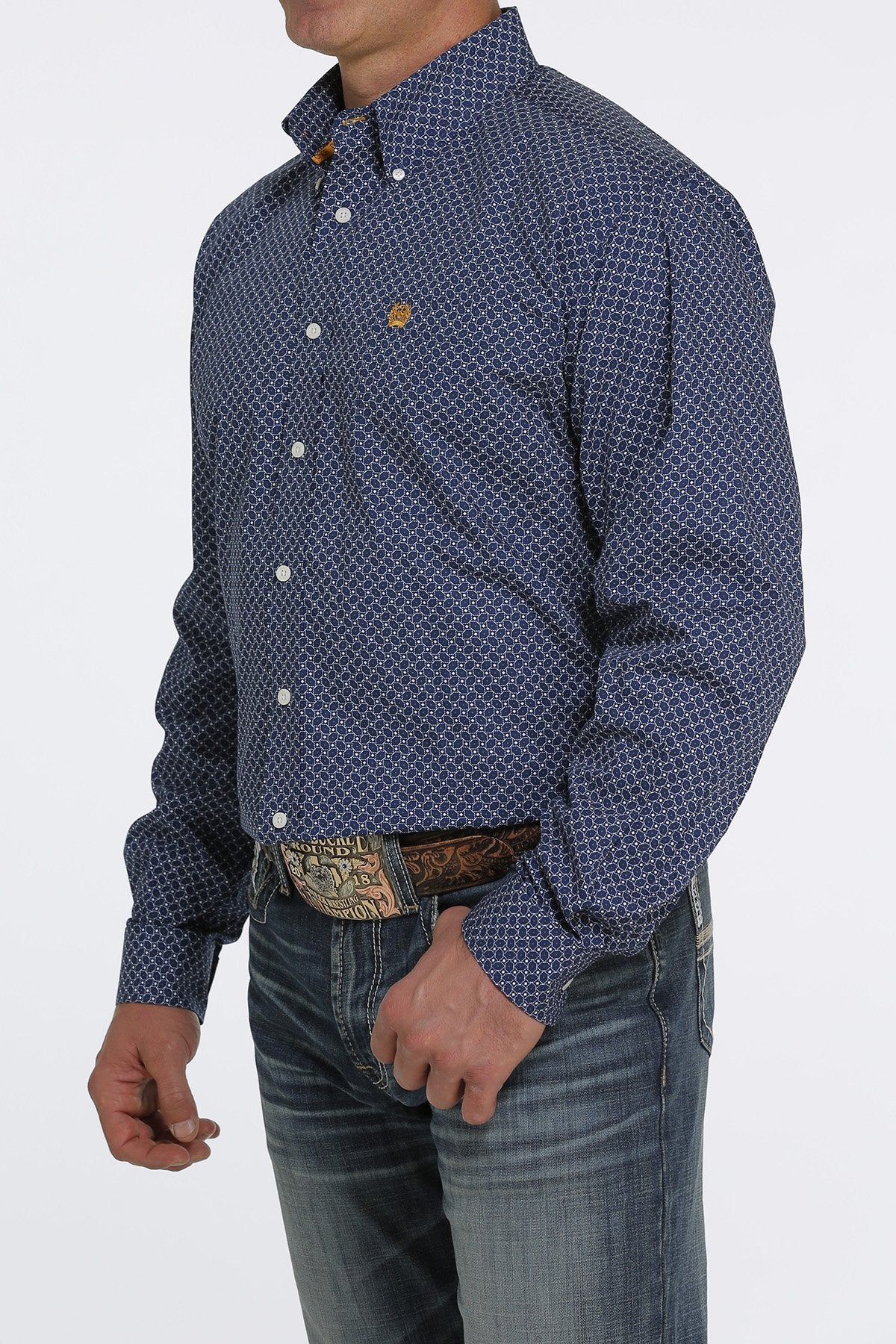 MEN'S GEOMETRIC PRINT BUTTON-DOWN WESTERN SHIRT - ROYAL BLUE