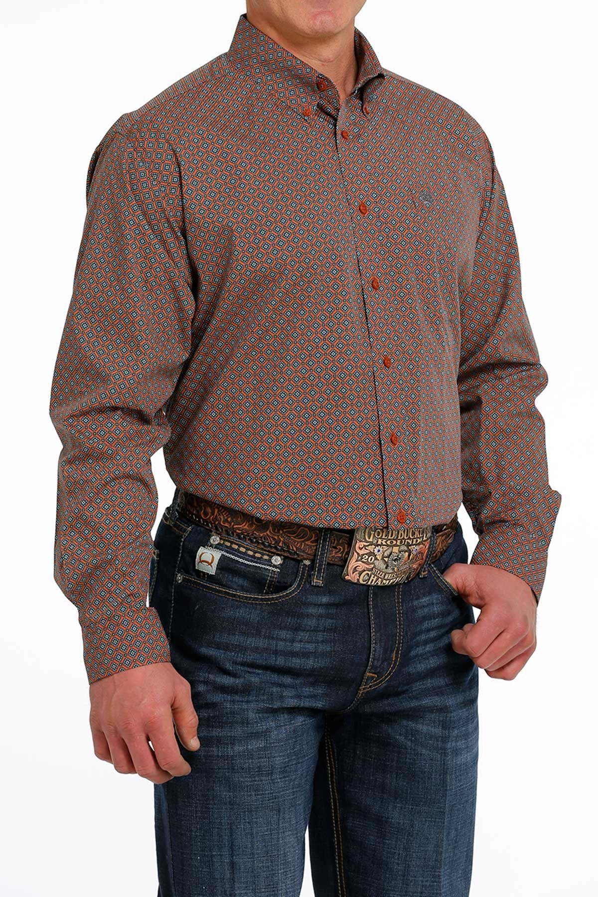 Cinch Men's Medallion Print Button-Down Western Shirt - Orange/Teal  MTW1105503