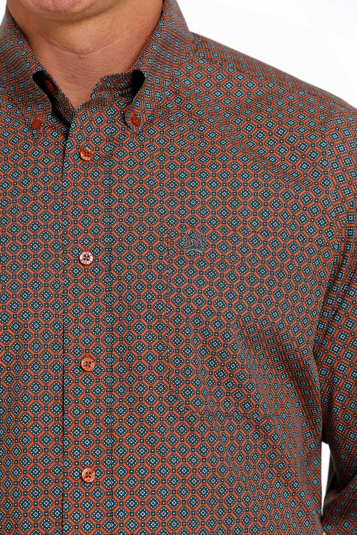 Cinch Men's Medallion Print Button-Down Western Shirt - Orange/Teal  MTW1105503