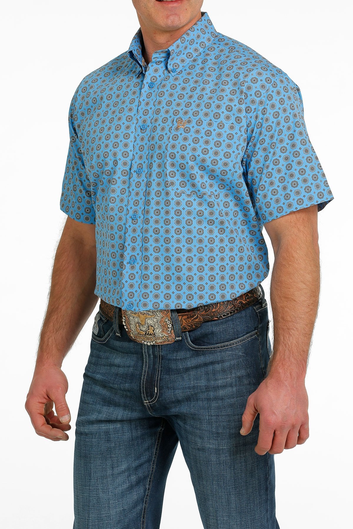 Cinch Mens Medallion Print Button-Down Western Short Sleeve Shirt - Blue/Gray