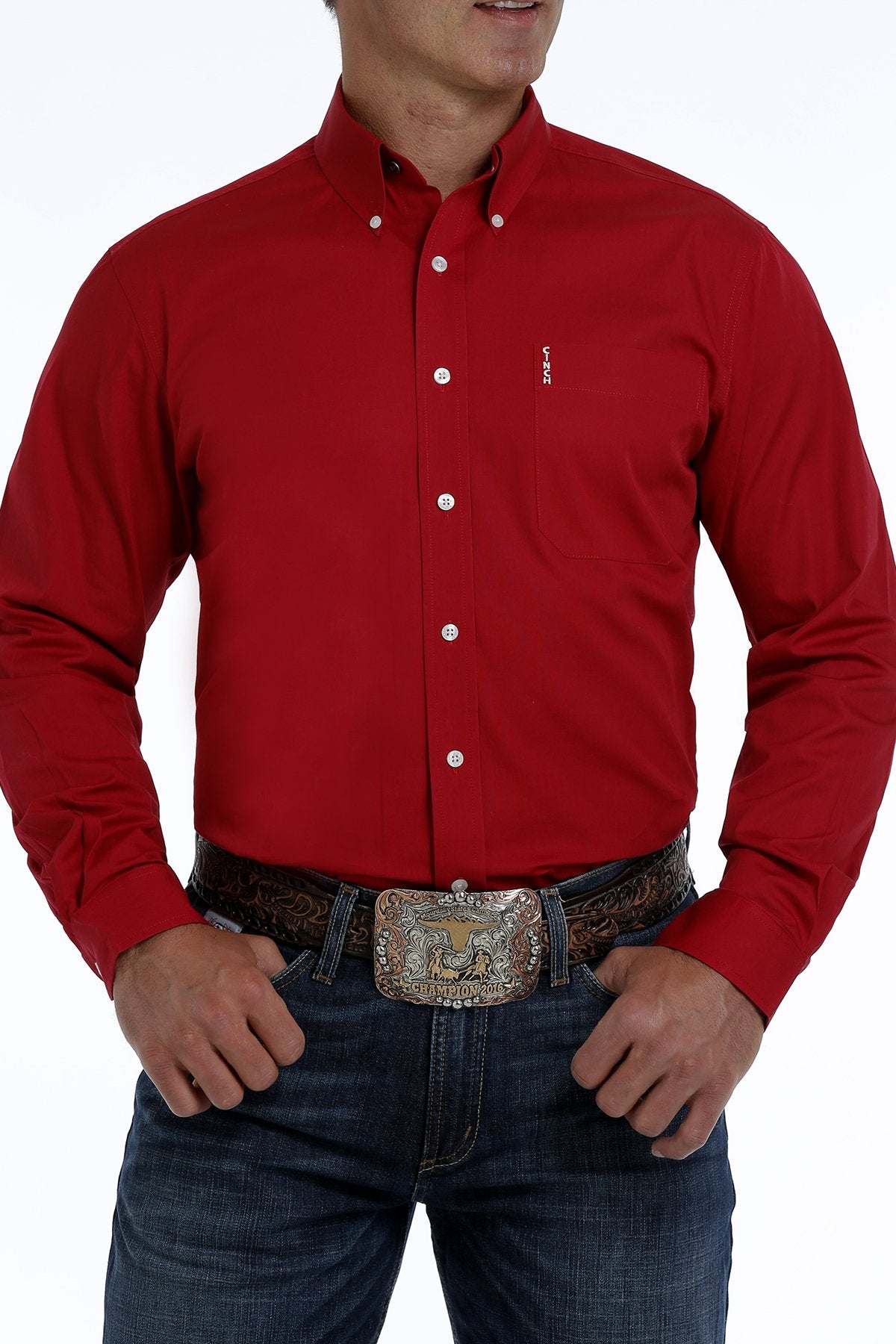 Cinch Mens Modern Fit Long Sleeve Button-Down Solid Print - Red MTW1347022