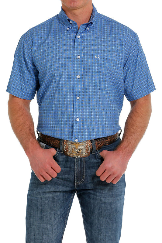 Cinch Mens ArenaFlex Geometric Print Short Sleeve Button-Down Shirt - Blue MTW1704112