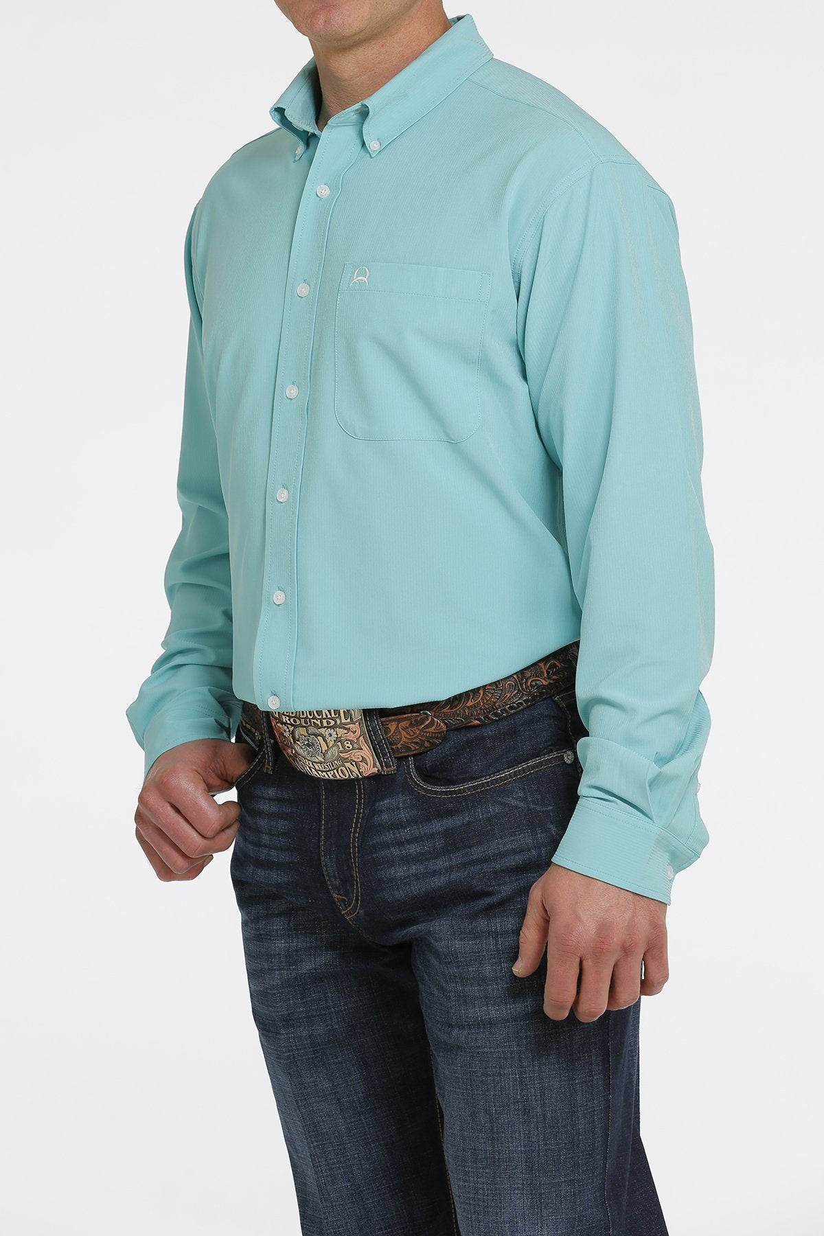 Cinch Mens AreanFlex Button-Down Long Sleeve Solid Print - Turquoise MTW1862014