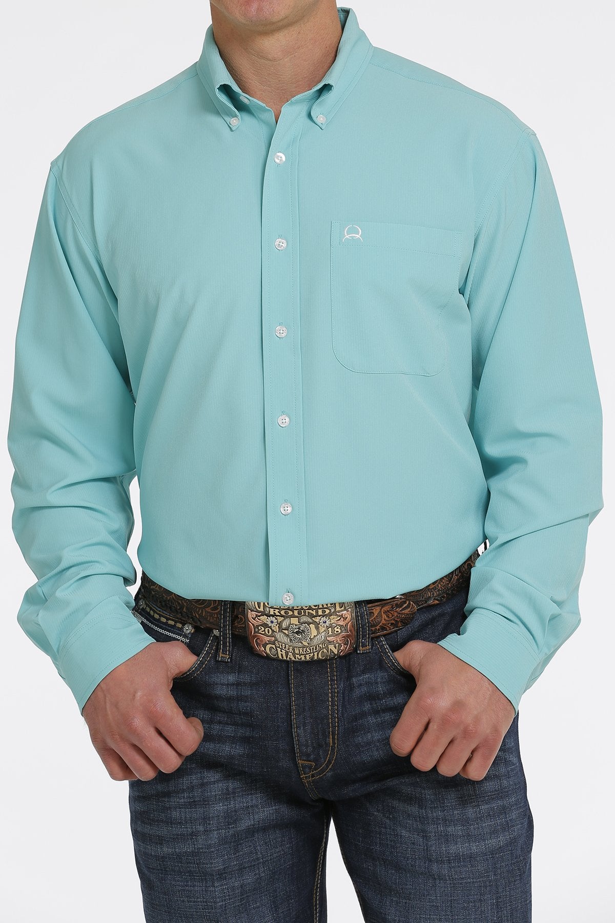 Cinch Mens AreanFlex Button-Down Long Sleeve Solid Print - Turquoise MTW1862014
