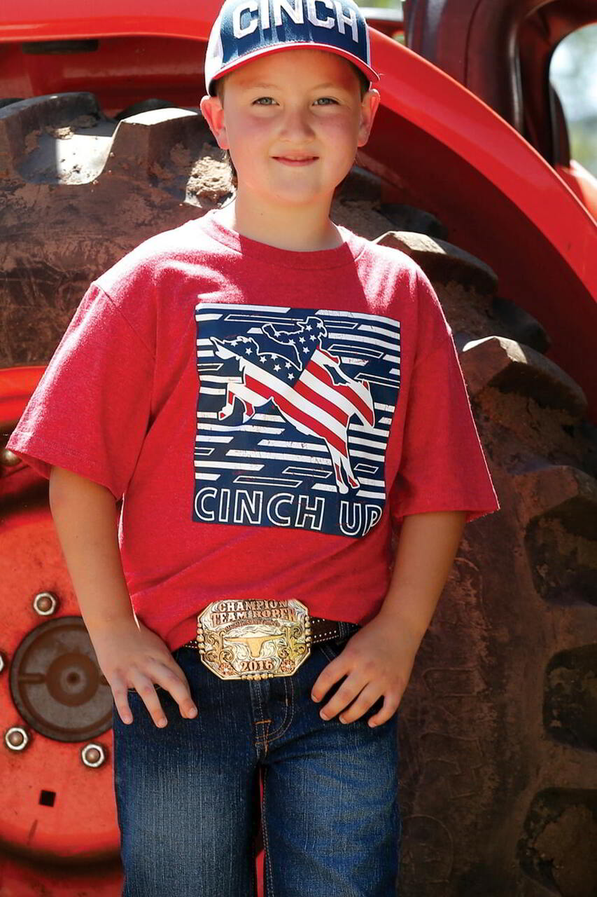 CINCH BOYS HEATHER RED FLAG LOGO SHORT SLEEVE SHIRT